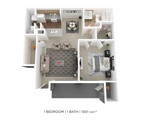 a furnished floor plan of a 1 bedroom apartment